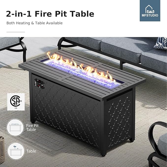 MFSTUDIO Patio Furniture Sets with 45" Gas Fire Pit Table, 8 Pieces Outdoor Metal Conversation Set with 1 x 3-Seat Sofa, 2 Single Chairs, 2 Swivel Chairs and 2 Ottomans, Grey Cushion