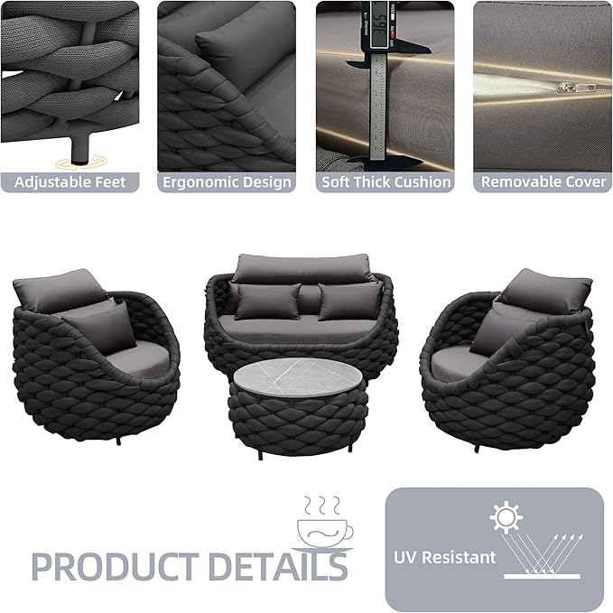 TWT 5 Pieces Patio Furniture Set, Outdoor Rope Conversation Sectional Patio Sofa with 5 Seater for Backyard, Porch, Modern Armchairs with Thickness Cushions and Side Table, Dark Grey