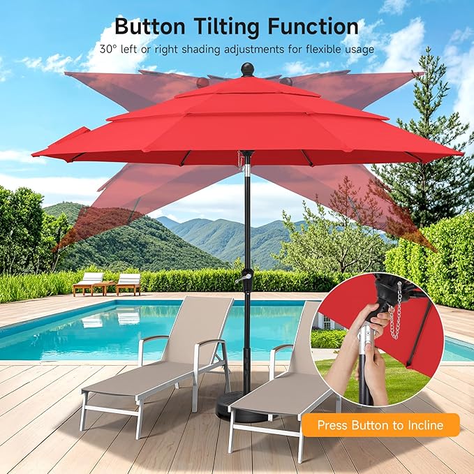 9 FT Outdoor Patio Umbrella, 3 Tier Market Table Umbrella with 8 Sturdy Fiberglass Ribs and 1.5’’ Pole, Smooth Button Tilt Patio Umbrella for Backyard Pool Garden, Red(No Base)