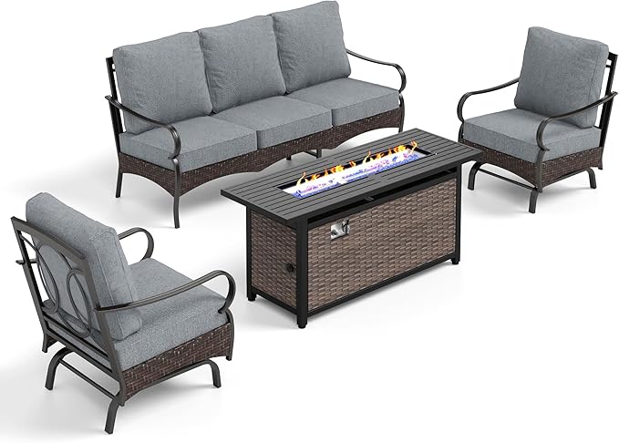 PHI VILLA Patio Furniture Set with 56" Fire Pit Table, Premium Outdoor Wicker Metal Frame Furniture with Upgraded Waterproof Thick Cushions for Porch, Poolside, Deck, and Yard （4 Pieces,Grey