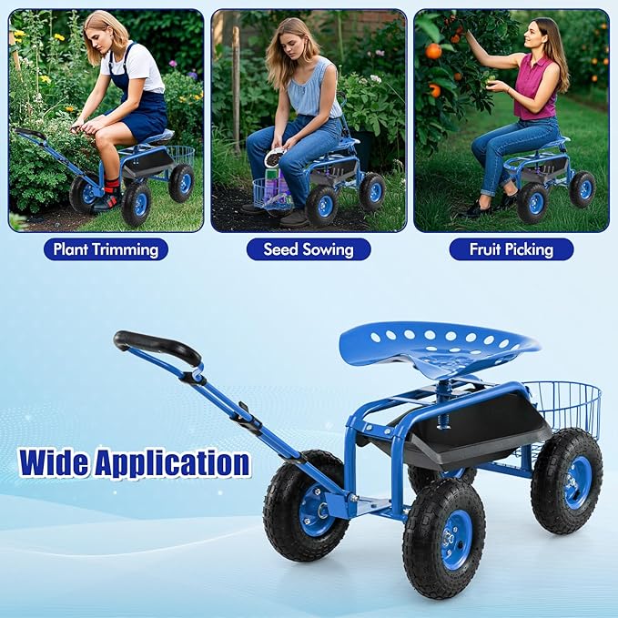 Goplus Rolling Garden Cart with Seat, Outdoor Garden Stool with Wheels, Tool Tray & Basket, Adjustable Steering Handle, 360 Degree Swivel Seat for Planting, Gardening Scooter for Lawn, Yard, Patio