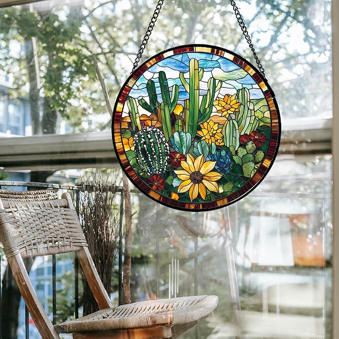 QZQCBLC Stained Glass Window Hanging Green Cactus with Yellow Flowers 7.8" - Suncatcher Door Garden Sun Catcher Home Decor Birthday Christmas for Mom Men Woman Friend Nana