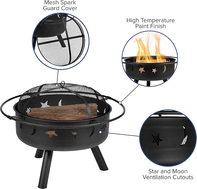 EMMA + OLIVER Campfire Set - Two Sea Foam Poly Resin Adirondack Chairs - 29" Star and Moon Fire Pit with Mesh Cover - Weather Resistant - Wood Burning Fire Pit