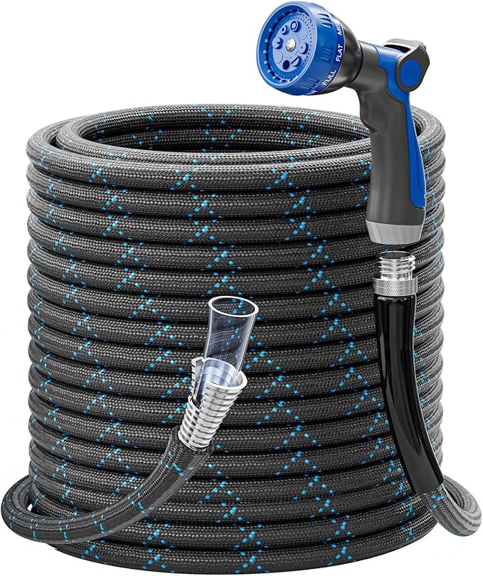 SPECILITE Garden Hose 100ft, 3-Layer Flexible Water Hose with 8 Pattern Spray Nozzle, Non-Expanding & Lightweight Stainless Steel Hose for Yard, Lawn, Outdoor-Leak Proof, No-kink & Tangle-free