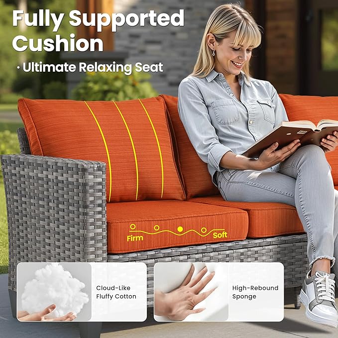 ovios 7 Pieces Patio Furniture Set with 42" Fire Pit Table, Outdoor Wicker Sofa with Swivel Chairs, All Weather High Back Rattan Couch Conversation Set, Orange Red