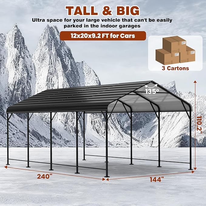 LEVELEVE 12x20 FT Heavy-Duty Metal Carport, Galvanized Steel Car Canopy with Reinforced Base Frame, Outdoor Shelter for Cars, Trucks, Boats, Tractors & RV