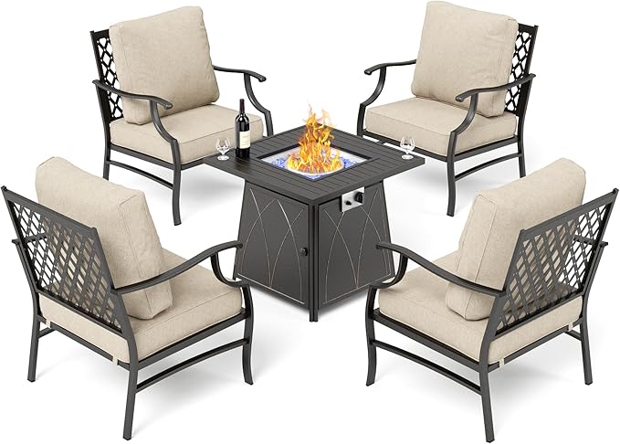 SUNSHINE VALLEY Patio Furniture Set with Firepit Table, 5 Piece Metal Outdoor Patio Furniture set for 4, 4 Single Chairs with 5.75" Extra Thick Cushion and Gas Firepit Table for Backyard Poolside Deck