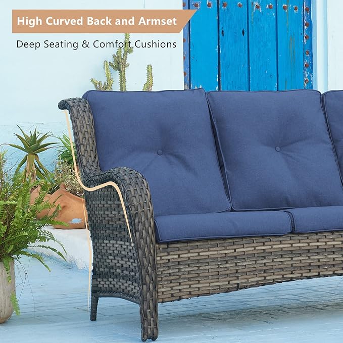 HUMMUH 3 Piece Patio Furniture Set All Weather Wicker Outdoor Sectional Sofa Manual Weaving Rattan High Curved Back Patio Couch with Ottomans