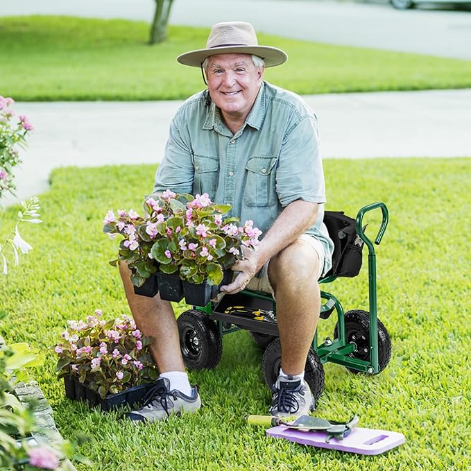 Goplus Garden Seat with Wheels, Rolling Gardening Stool with Adjustable 360° Swivel Seat, Tool Tray & Storage Basket, Extendable Handle, Outdoor Gardening Scooter, Garden Cart Workseat for Seniors
