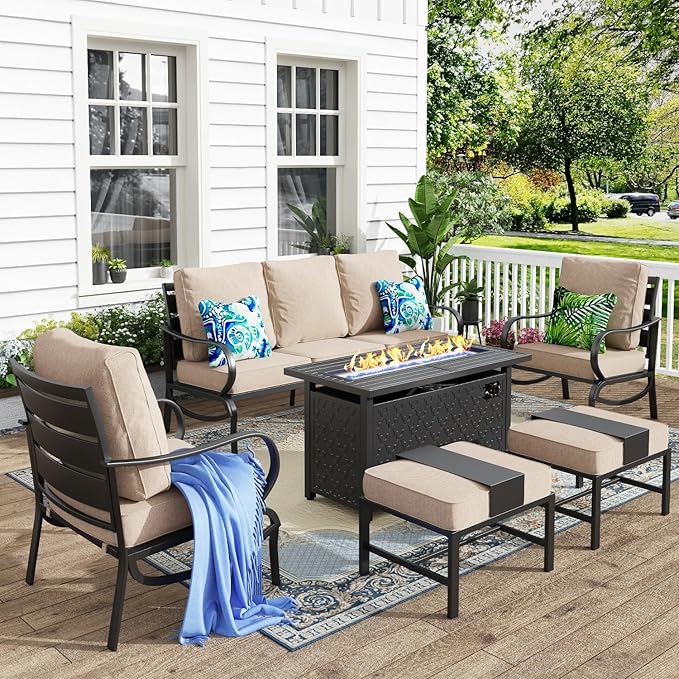 MFSTUDIO 6 Pieces Patio Furniture Sets with 45" Gas Fire Pit Table(Up to 7 Seat),Outdoor Metal Conversation Sofas with 1 x 3-Seat Sofa, 2 Sofa Chairs and 2 Ottoman,Beige Cushion