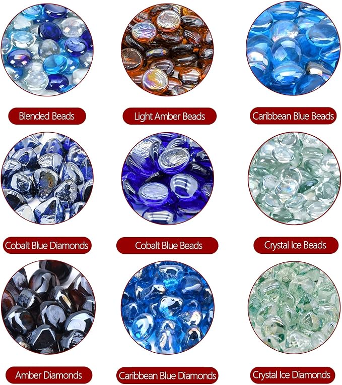 GasSaf Blended Fire Glass Beads for Outdoor Fire Pit, Fireplace, Replaces Existing Gas Logs & Lava Rocks, 3/4 Inch Glass(20 Pound)(Cobalt Blue, Caribbean Blue, Crystal Clear Luster)