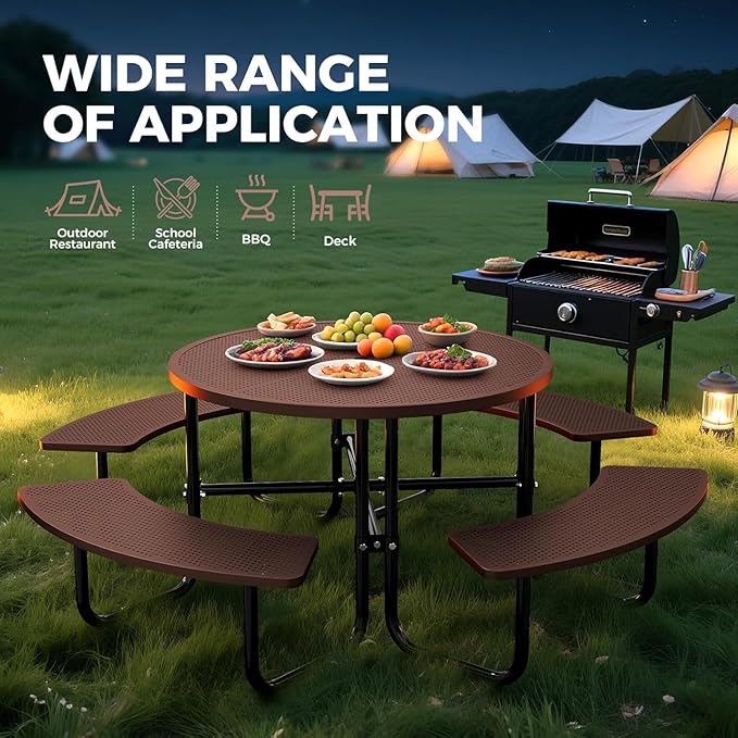 KUFUH 46" Coated Round Metal Picnic Table for 4-8 Person, Durable Heavy Duty Commercial Picnic Table with Umbrella Hole for Outdoor Coffee Shop, School, Easy to Install, Brown