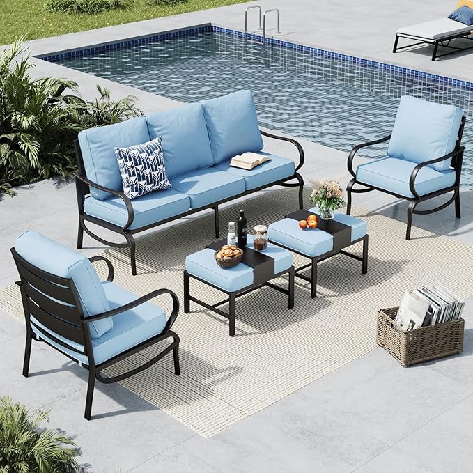 MFSTUDIO 5 Pieces Patio Conversation Sets,Outdoor Metal Furniture Sofas with 1 x 3-Seat Sofa, 2 x Sofa Chairs,2 x Ottoman,Wrought Iron Frame with Blue Cushion for Patio Courtyard Balcony