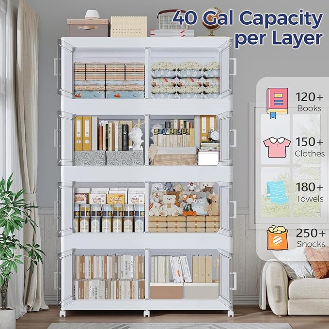160GAL Storage Bins with Lid and Wheels, Stackable Closet Organizers and Storage Drawer, Collapsible Storages Box with Dividers, Foldable Plastic Cabinets for Room, Kitchen, 4 Pack White