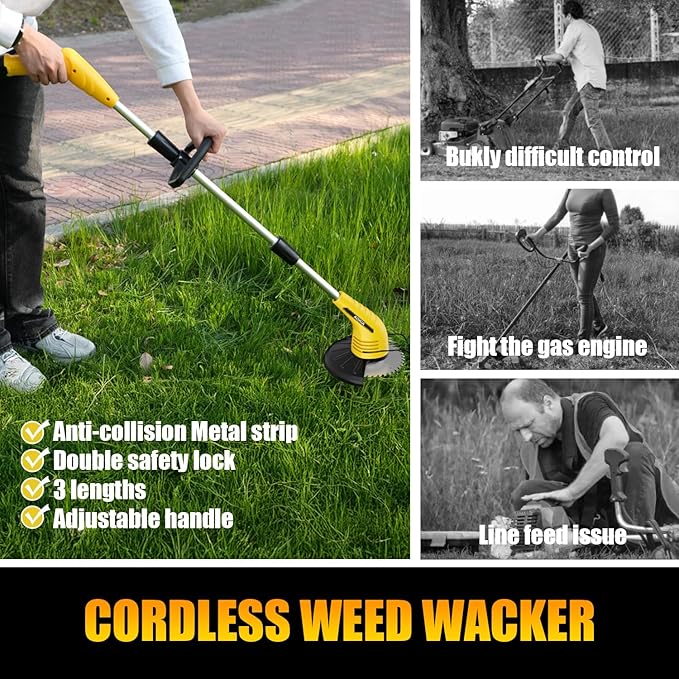 Aokia Cordless Weed Wacker：String Trimmer with 12V Battery Operated - Lightweight Lawn Trimmer, Electric Grass Trimmer Edger with 2 Blades and Extension Rod for Lawn Yard, Yellow
