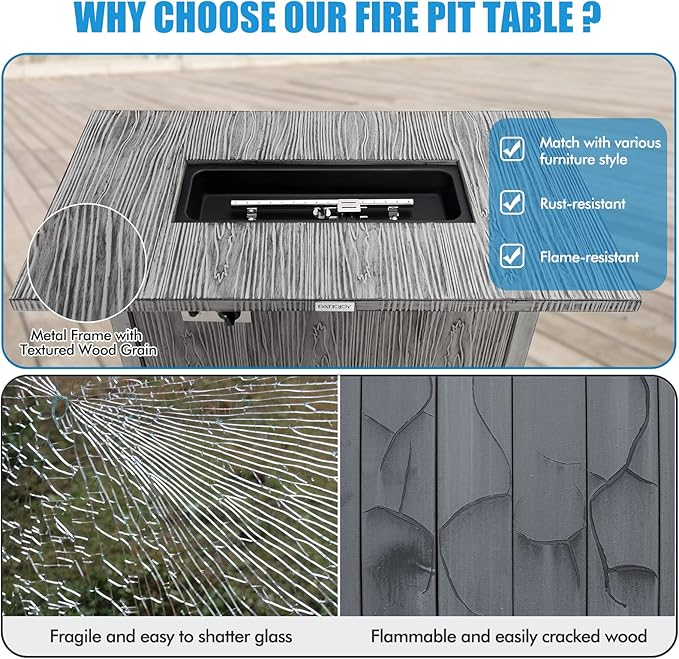 Tangkula 43 Inch Propane Fire Pit Table, Patiojoy 50,000 BTU Outdoor Gas Fire Table w/Wood Grain Tabletop, Hideaway Tank Storage, Lava Rocks, Rectangular Propane Firepit w/Waterproof Cover