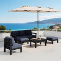 SERWALL 7 Pieces HDPE Patio Furniture Set with with 15FT Double Side Patio Umbrella, Patio Conversation Set, All-Weather Modular Patio Sofa Set for Deck, Garden, Porch, Black Frame with Grey Cushion