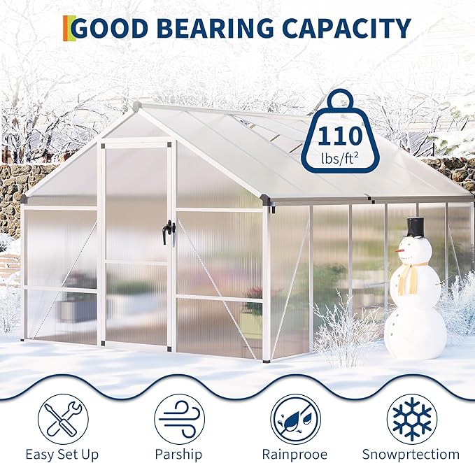 8 x 12 ft Greenhouse, Greenhouses for Outside, Polycarbonate Greenhouse with Aluminum Frame, Lockable Door and Ajustable Roof Vent for Backyard, Green Houses for Outside Garden Backyard, Patio