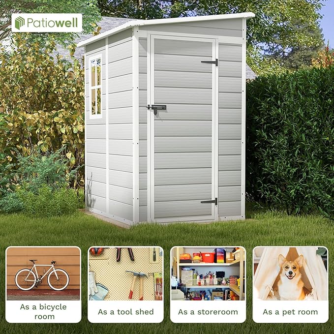 Patiowell 5x4 FT Outdoor Storage Shed, Resin Storage Shed with Floor & Lockable & Window Door for Patio Furniture, Garden Tools and Bicycle, Light Gray