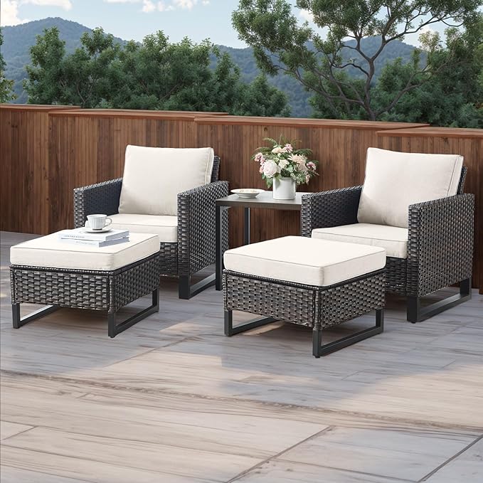 HUMMUH 5 Piece Patio Furniture Outdoor Bistro Set All-Weather Wicker Outdoor Chairs with Ottomans End Table for Patio,Porch,Garden,Backyard