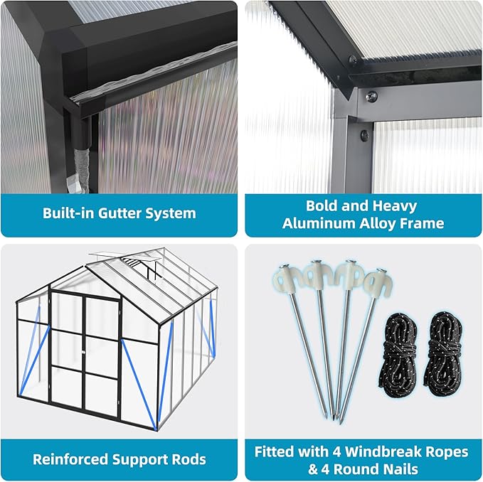 KEIKI Aluminum 8x12 FT Walk-in Polycarbonate Greenhouse, Outdoor Gardening Greenhouse with Raised Base, Roof Vent & Weather-Resistant Panels, Black