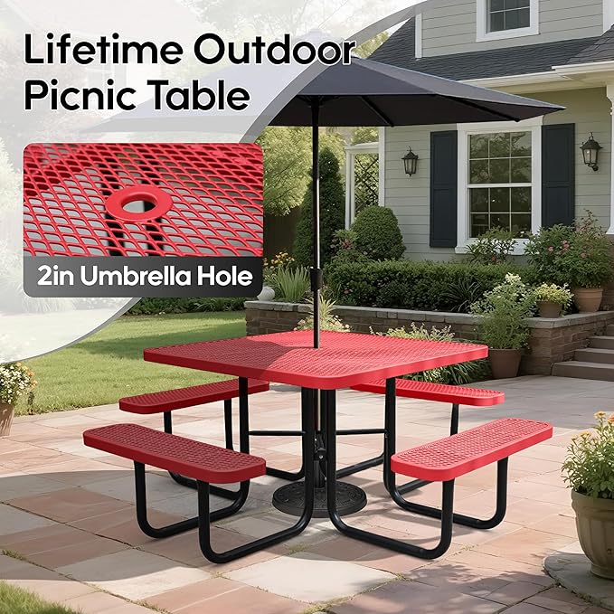 8-Person Outdoor Picnic Tables,46" Heavy-Duty Metal Square Picnic Table,Expanded Metal Commercial-Grade Table with 4 Benches & Umbrella Hole,Waterproof Coating Beach Table for Patio,Garden, Backyard