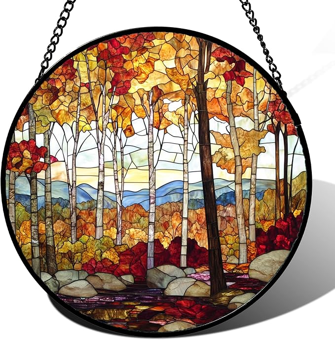 QZQCBLC Stained Glass Window Hanging Fall Birch Tree Forest Scenery 9.8" - Suncatcher Door Garden Sun Catcher Home Decor Birthday Christmas for Mom Men Woman Friend Nana