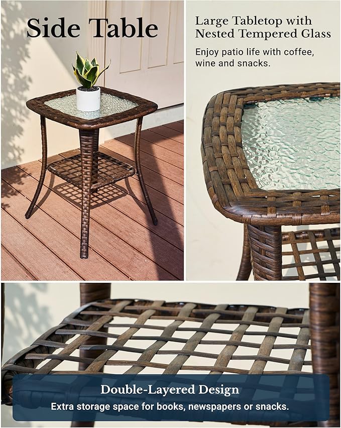 HILLGA Luxury Outdoor Swivel Rocker Patio Chairs of 2 with 6 Inch Thick Cushions and Side Table, Swivel Outdoor Chairs 3PCS High Back Wicker Patio Furniture Set for Porch, Balcony, Deck in Blue