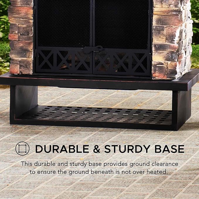 Sunjoy Outdoor Fireplace, Heavy Duty Patio Wood Burning Fireplace with Steel Chimney, Mesh Spark Screen Doors, Removable Grate and Fire Poker, Black