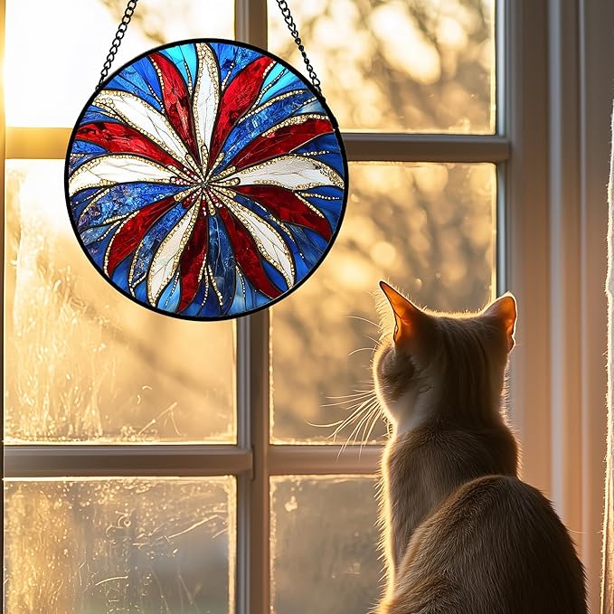 AMDERVEN Stained Glass Window Hanging 4 Pcs Set Abstract Flowers in Red White Blue Large 15" - Suncatcher Door Garden Sun Catcher Decor Birthday Mother's Day Xmas Gift for Mom Woman Nana Men Parents