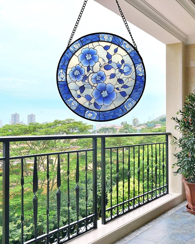 AMDERVEN Stained Glass Window Hanging, Blue and White Plum Blossom Sun Catcher for Door Home Decor Flowers Suncatcher Christmas Mother's Day Birthday Gifts for Women Men Mom and Nana 7.8 in
