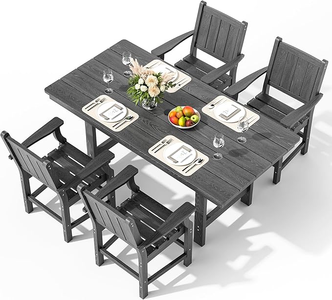Pamapic 5-Piece Outdoor Dining Set, HDPE Outdoor Rectangular Table and 4 Chairs, Wood Grain Patio Furniture Sets with Armrest, All-Weather Patio Dining Table with Umbrella Hole, Gray
