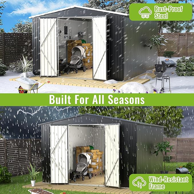 PABIMIA10X10 FT Outdoor Storage Shed, Durable Metal Outside Storage with Lockable Doors, Waterproof Storage Shed for Tools, Equipment, Ideal for Backyard Garden Patio Lawn
