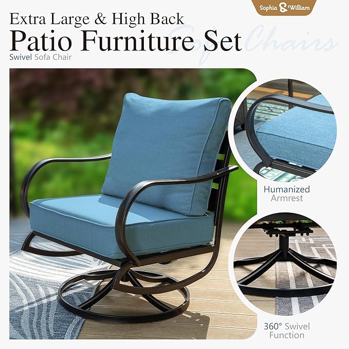 Sophia & William Patio Furniture Sets with 45" Gas Fire Pit Table Outdoor Metal Conversation Sets for 5, 2 x Swivel Cushioned Patio Sofa Chairs, 1 x 3-Seat Sofa 4 Pieces for Lawn Backyard Navy