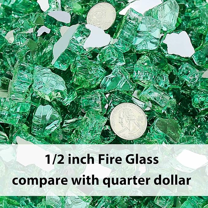 Grisun Green Fire Glass for Fire Pit 10 Pounds - 1/2 Inch High Luster Reflective Tempered Glass Rocks for Natural or Propane Fireplace, Safe for Outdoors and Indoors Firepit Glass