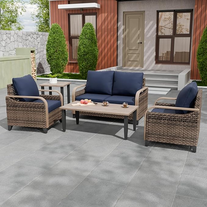 EAGLE PEAK Modern Wicker Outdoor Patio Furniture Set, Patio Conversation Set, 2 Chairs, 2-Seat Loveseat, Coffee Table and Side Table, 5 Pieces, Brown/Blue