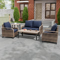 EAGLE PEAK Modern Wicker Outdoor Patio Furniture Set, Patio Conversation Set, 2 Chairs, 2-Seat Loveseat, Coffee Table and Side Table, 5 Pieces, Brown/Blue