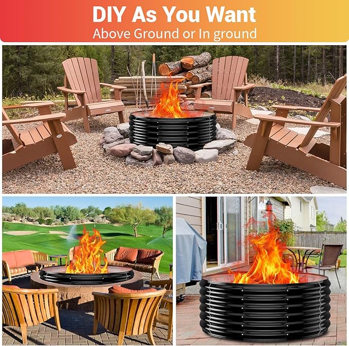 39 Inch Fire Pit Ring for Outside Wood Burning,17'' Taller High Heat Resistant Outdoor Firepit & Fireplace,Heavy Duty Galvanized Steel Fire Bowls Portable for Backyard Bonfire,Patio,Camping,Round