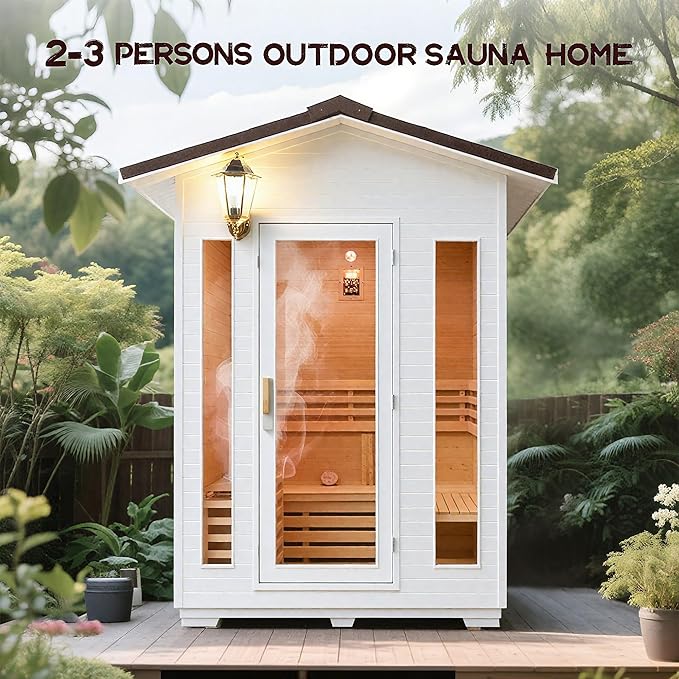 2-3 Person Outdoor Wooden Sauna Room,Canadian Cedar 220V 6KW Electric Stove Backyard Steam Sauna Kit with Light (White-3Person)