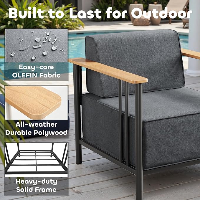 Luxury Patio Furniture Set with 10" Extra Thick Cushions, 4 PCS Outdoor Furniture Set with Patio Chairs & Couch & Coffee Table, Suitable for Porch, Balcony, Deck, Yard, Poolside, Black/Grey