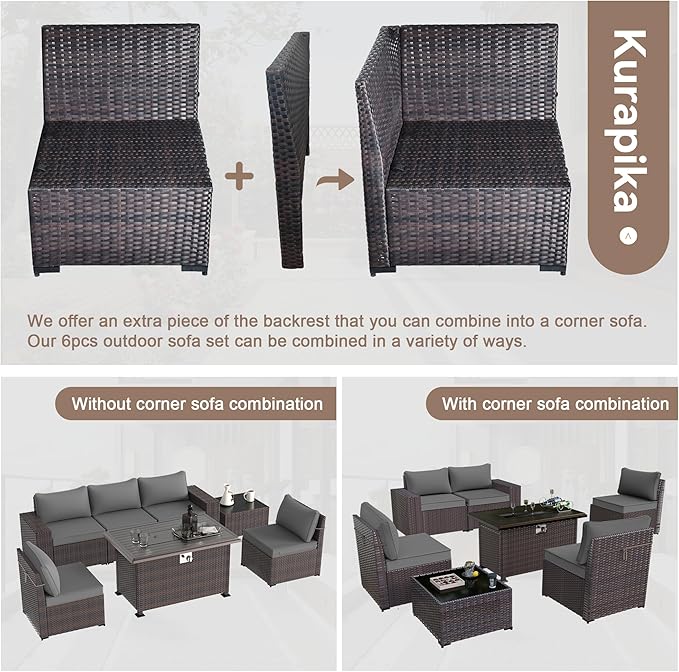 Kurapika 10 Pieces Patio Furniture Set, Rattan Wicker Outdoor Conversation Sets w/43in Propane Fire Pit Table, Swivel Rocking Chairs Patio Sectional Sofa w/4 Inch Cushion, Grey