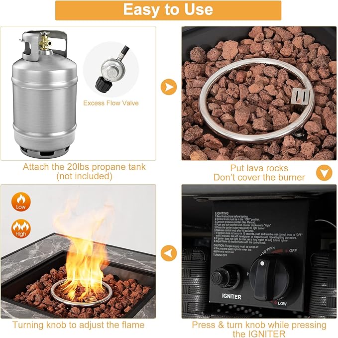 Tangkula 35 Inch Rattan Propane Gas Fire Pit Table, Patiojoy 50,000 BTU Outdoor Wicker Patio Propane Fire Pit w/Lid, Lava Rocks and PVC Cover, Auto-Ignition Square Firepit Table with Marble Tabletop
