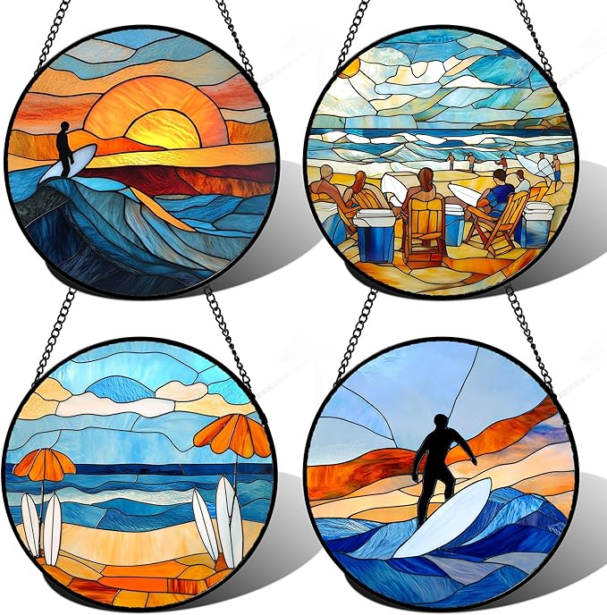 AMDERVEN Stained Glass Window Hanging 4 Pcs Set Blue Ocean Surfing Beach 7.8" - Suncatcher Door Garden Sun Catcher Decor Birthday Mother's Day for Firefighte Men Woman Nana Mom