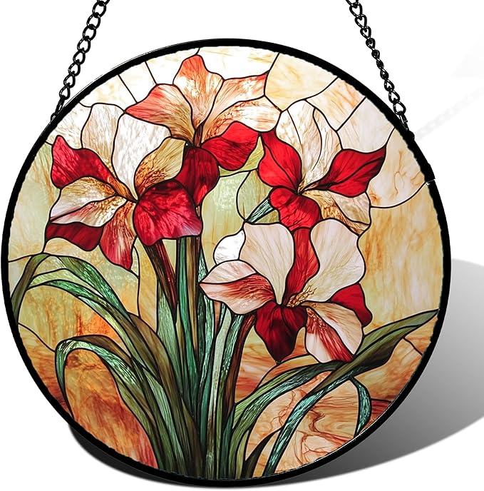 CRISGIF Stained Glass Window Hanging - Red Gladiolus Flower Suncatcher for Door Yard Sun Catchers Decor Christmas Mother's Day Birthday Gifts for Lovers Women Mom Nana Girlfriend Wife 9.8 in