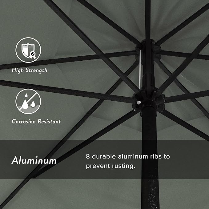 California Umbrella 9' Rd Aluminum Patio Umbrella, Crank Lift, Auto Tilt, Black Finish, Sunbrella Spa