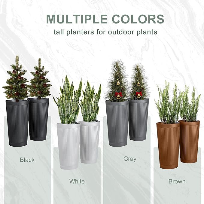 Set of 2 Large Planter Outdoor Self Watering Pots for Indoor Plants, 24" Tall Planters with Drainage Hole for Patio, Garden (Brown Ribbed)