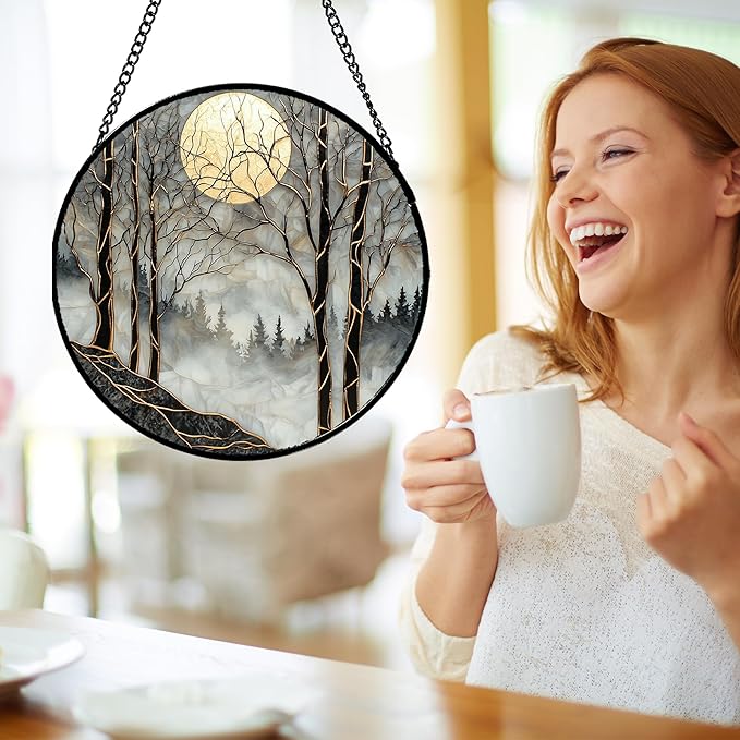AMDERVEN Stained Glass Window Hanging - Black and White Gold Moon Forest Sun Catcher for Door Home Decor Suncatcher Christmas Mother's Day Birthday Gifts for Women Men Lovers Mom Nana 6.3 in