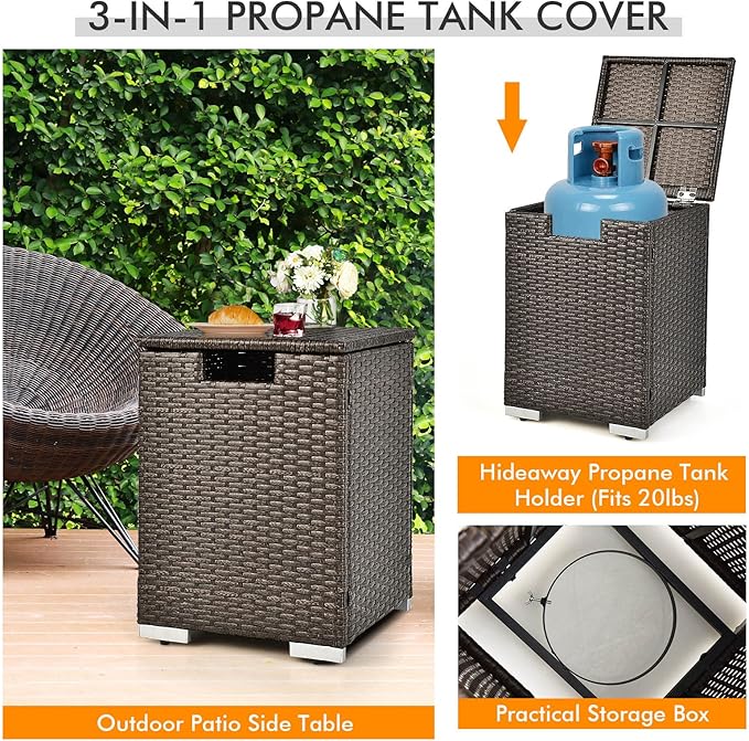 Tangkula 2 Piece Outdoor Propane Fire Pit Table Set with Hideaway Propane Tank Holder, 40,000 BTU Rattan Wicker Fire Pit Table with Lava Rocks, Waterproof Cover, Ideal for Backyard, Patio (Brown)
