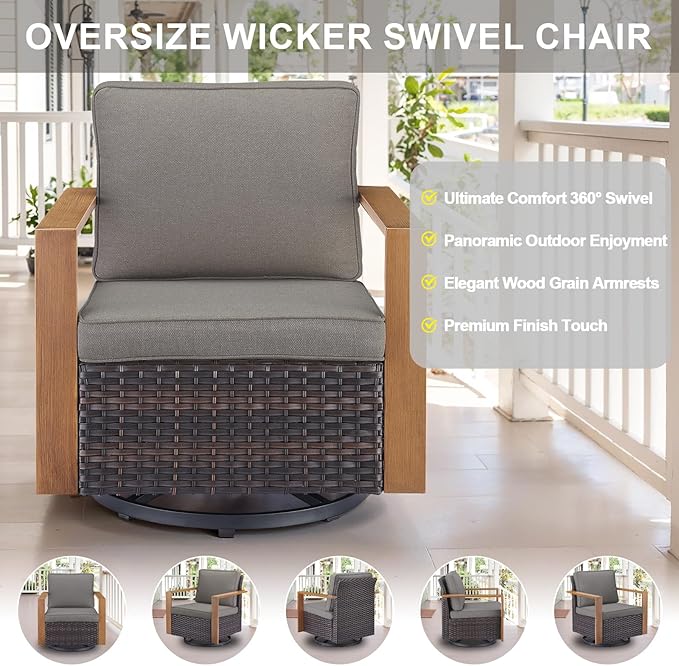 Belord Outdoor Swivel Rocker Chairs Set of 2 with Metal Wide Armrests, 3 Piece Patio Bistro Wicker Chairs with Side Table, Comfort Glider Furniture for Porch, Deck, Sunroom, Backyard
