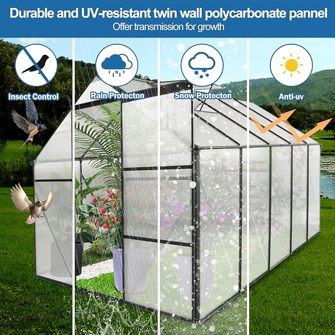 6×10 FT Black Polycarbonate Greenhouse for Outdoors with Aluminum Frame & Raised Base, Walk-in Green House with Sliding Door, Gutter System & Roof Vent, Heavy-Duty Outdoor Greenhouse